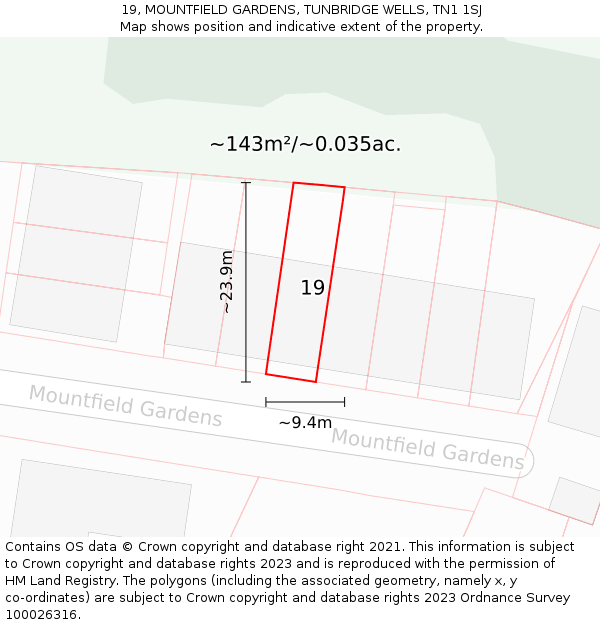 19, MOUNTFIELD GARDENS, TUNBRIDGE WELLS, TN1 1SJ: Plot and title map