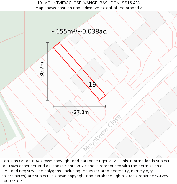 19, MOUNTVIEW CLOSE, VANGE, BASILDON, SS16 4RN: Plot and title map