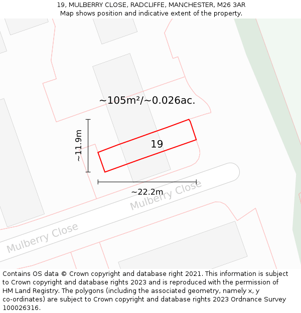 19, MULBERRY CLOSE, RADCLIFFE, MANCHESTER, M26 3AR: Plot and title map