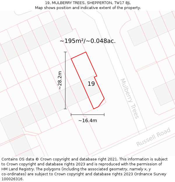 19, MULBERRY TREES, SHEPPERTON, TW17 8JL: Plot and title map