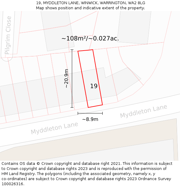 19, MYDDLETON LANE, WINWICK, WARRINGTON, WA2 8LG: Plot and title map