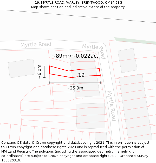 19, MYRTLE ROAD, WARLEY, BRENTWOOD, CM14 5EG: Plot and title map