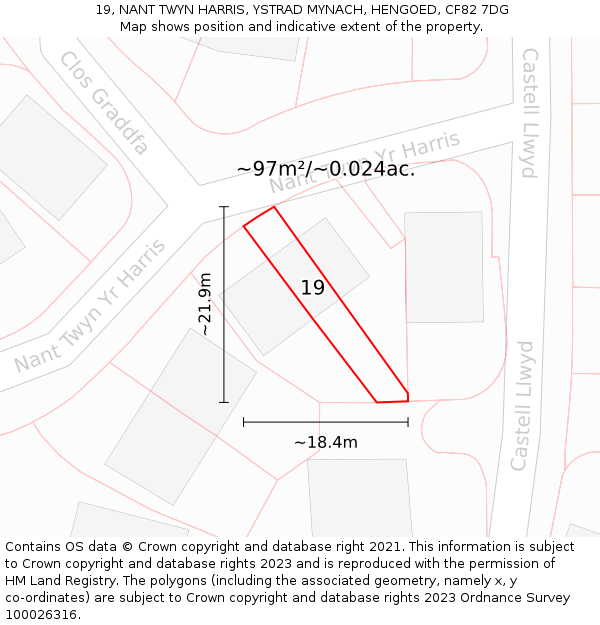 19, NANT TWYN HARRIS, YSTRAD MYNACH, HENGOED, CF82 7DG: Plot and title map