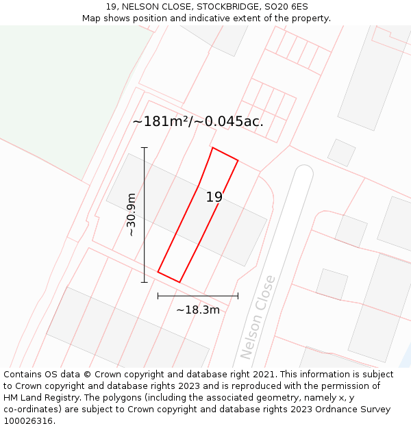 19, NELSON CLOSE, STOCKBRIDGE, SO20 6ES: Plot and title map