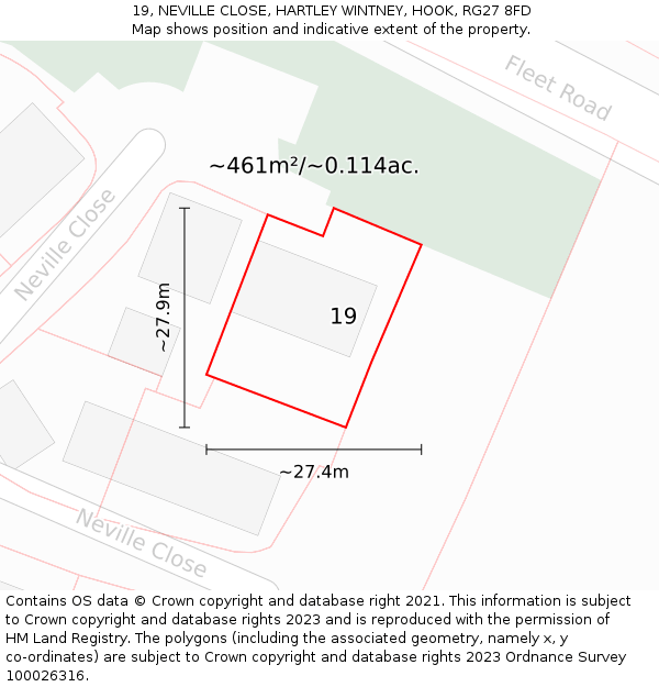 19, NEVILLE CLOSE, HARTLEY WINTNEY, HOOK, RG27 8FD: Plot and title map