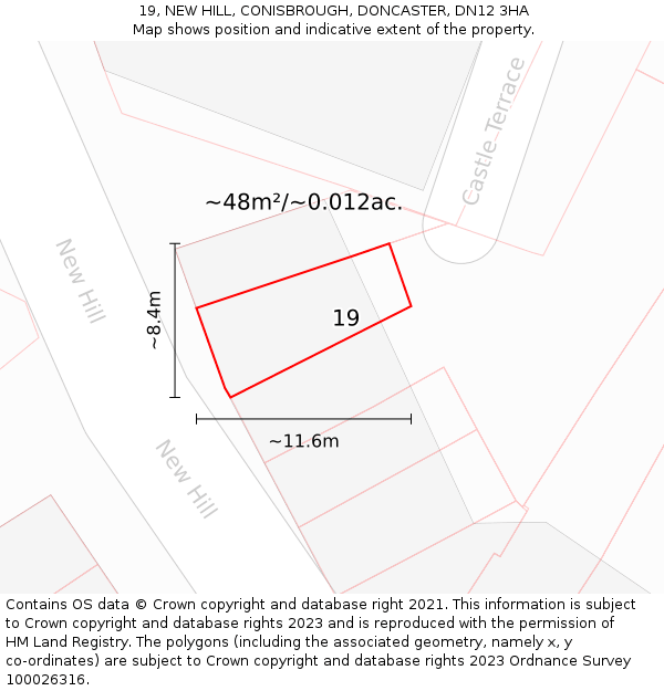 19, NEW HILL, CONISBROUGH, DONCASTER, DN12 3HA: Plot and title map