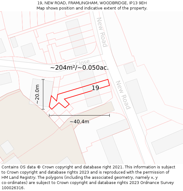 19, NEW ROAD, FRAMLINGHAM, WOODBRIDGE, IP13 9EH: Plot and title map