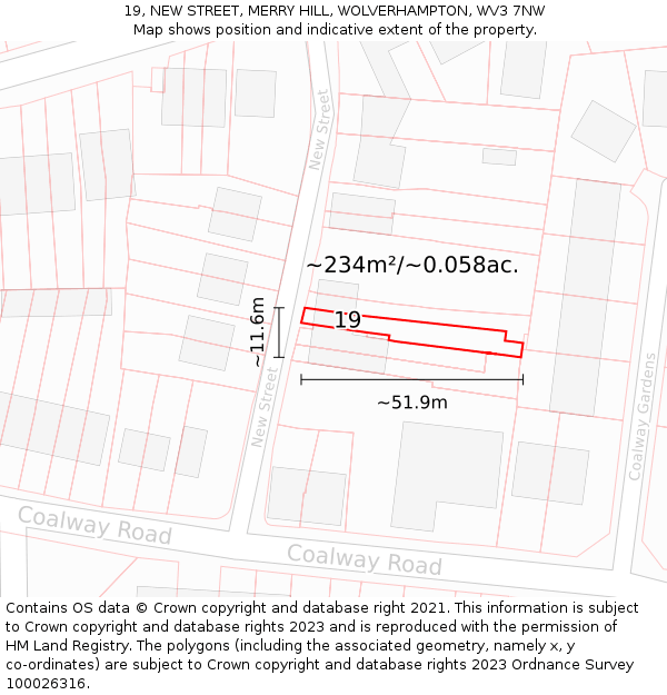 19, NEW STREET, MERRY HILL, WOLVERHAMPTON, WV3 7NW: Plot and title map