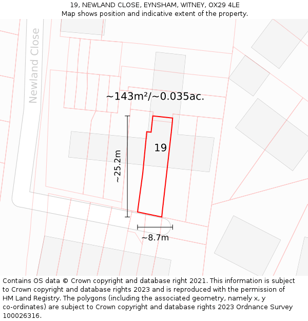 19, NEWLAND CLOSE, EYNSHAM, WITNEY, OX29 4LE: Plot and title map