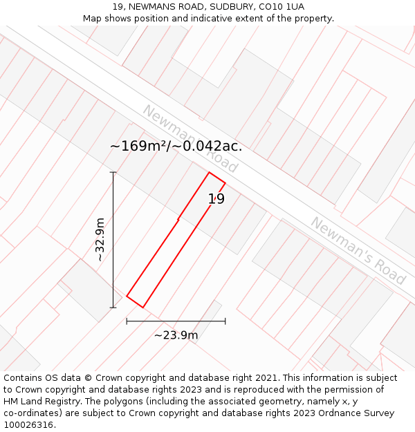 19, NEWMANS ROAD, SUDBURY, CO10 1UA: Plot and title map