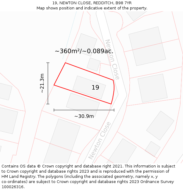 19, NEWTON CLOSE, REDDITCH, B98 7YR: Plot and title map