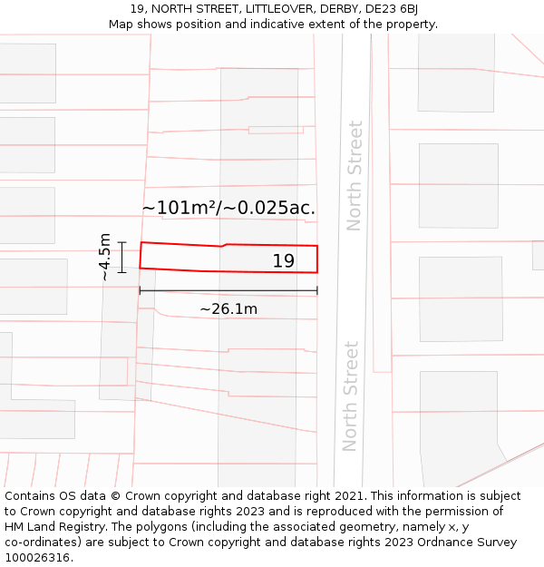 19, NORTH STREET, LITTLEOVER, DERBY, DE23 6BJ: Plot and title map