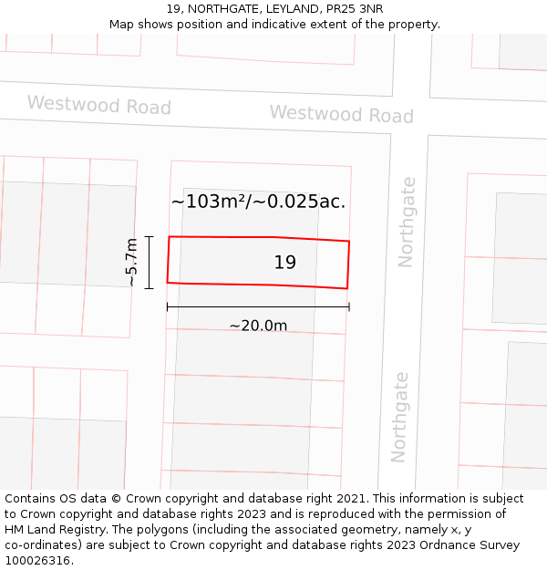 19, NORTHGATE, LEYLAND, PR25 3NR: Plot and title map