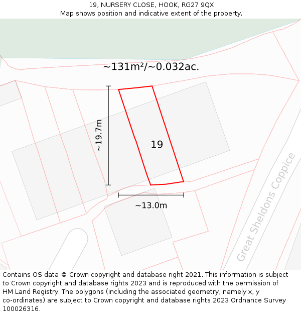 19, NURSERY CLOSE, HOOK, RG27 9QX: Plot and title map