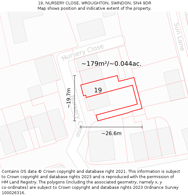19, NURSERY CLOSE, WROUGHTON, SWINDON, SN4 9DR: Plot and title map