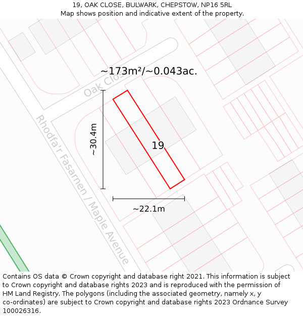 19, OAK CLOSE, BULWARK, CHEPSTOW, NP16 5RL: Plot and title map
