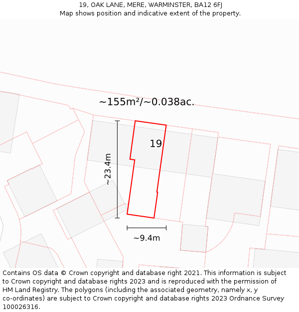 19, OAK LANE, MERE, WARMINSTER, BA12 6FJ: Plot and title map
