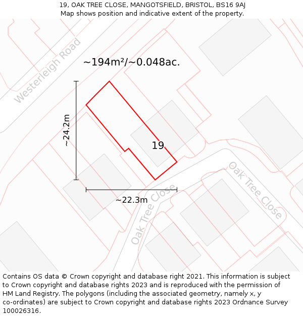 19, OAK TREE CLOSE, MANGOTSFIELD, BRISTOL, BS16 9AJ: Plot and title map