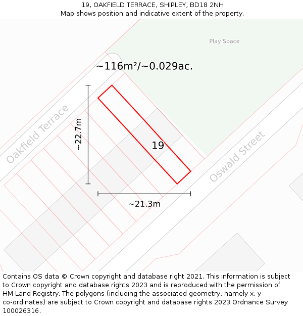 19, OAKFIELD TERRACE, SHIPLEY, BD18 2NH: Plot and title map