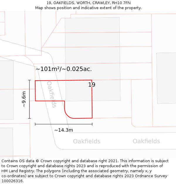 19, OAKFIELDS, WORTH, CRAWLEY, RH10 7FN: Plot and title map