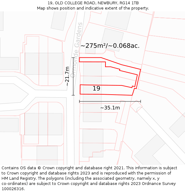 19, OLD COLLEGE ROAD, NEWBURY, RG14 1TB: Plot and title map