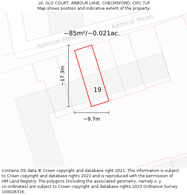 19, OLD COURT, ARBOUR LANE, CHELMSFORD, CM1 7UF: Plot and title map
