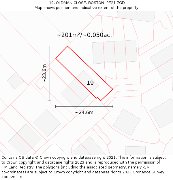 19, OLDMAN CLOSE, BOSTON, PE21 7GD: Plot and title map