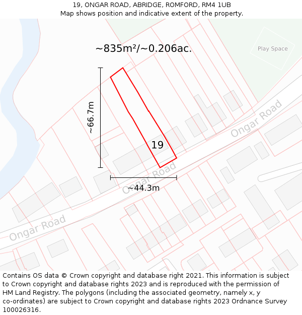 19, ONGAR ROAD, ABRIDGE, ROMFORD, RM4 1UB: Plot and title map