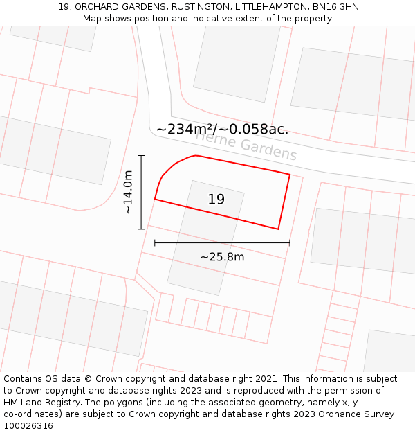 19, ORCHARD GARDENS, RUSTINGTON, LITTLEHAMPTON, BN16 3HN: Plot and title map