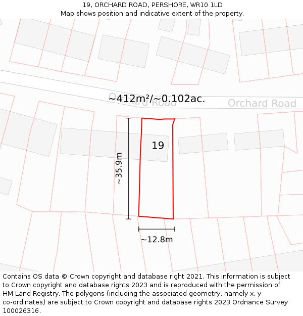 19, ORCHARD ROAD, PERSHORE, WR10 1LD: Plot and title map