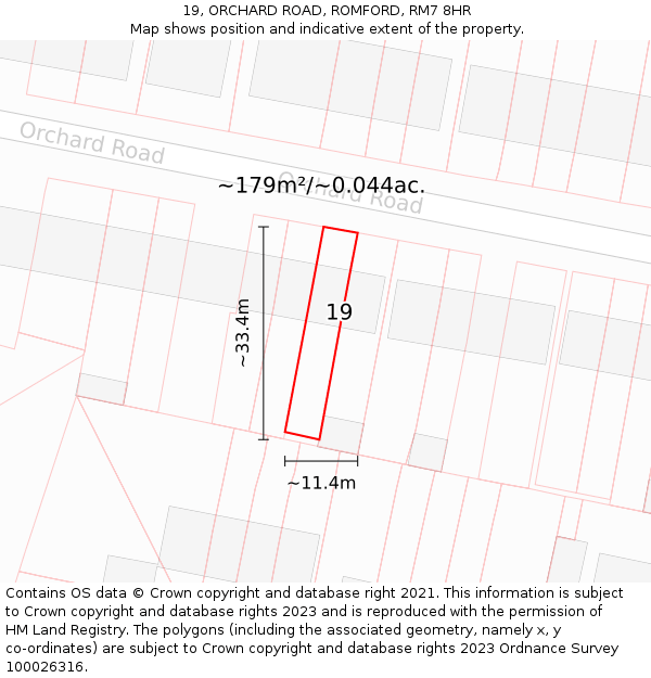 19, ORCHARD ROAD, ROMFORD, RM7 8HR: Plot and title map