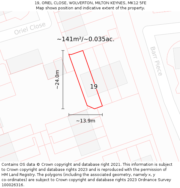 19, ORIEL CLOSE, WOLVERTON, MILTON KEYNES, MK12 5FE: Plot and title map
