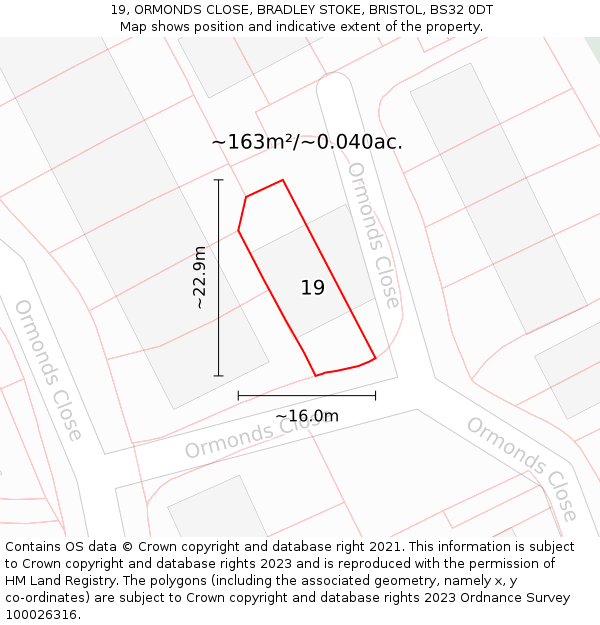 19, ORMONDS CLOSE, BRADLEY STOKE, BRISTOL, BS32 0DT: Plot and title map