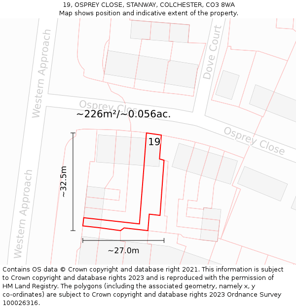 19, OSPREY CLOSE, STANWAY, COLCHESTER, CO3 8WA: Plot and title map