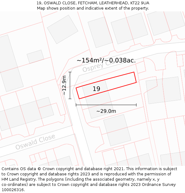 19, OSWALD CLOSE, FETCHAM, LEATHERHEAD, KT22 9UA: Plot and title map