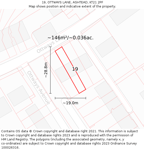 19, OTTWAYS LANE, ASHTEAD, KT21 2PF: Plot and title map