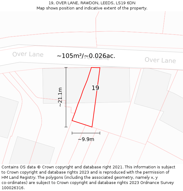 19, OVER LANE, RAWDON, LEEDS, LS19 6DN: Plot and title map