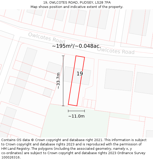 19, OWLCOTES ROAD, PUDSEY, LS28 7PA: Plot and title map