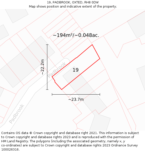 19, PADBROOK, OXTED, RH8 0DW: Plot and title map