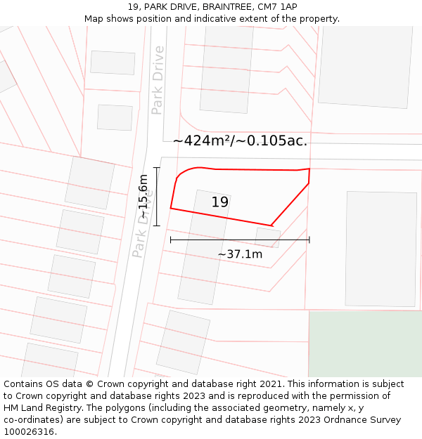 19, PARK DRIVE, BRAINTREE, CM7 1AP: Plot and title map