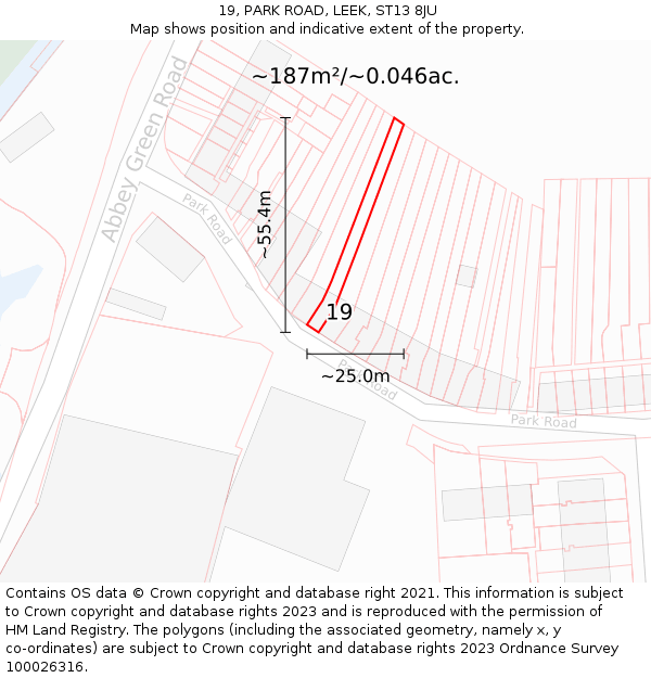 19, PARK ROAD, LEEK, ST13 8JU: Plot and title map