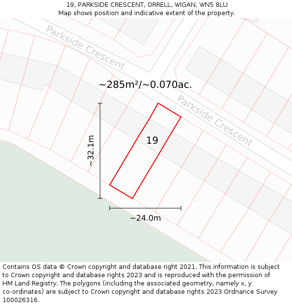 19, PARKSIDE CRESCENT, ORRELL, WIGAN, WN5 8LU: Plot and title map
