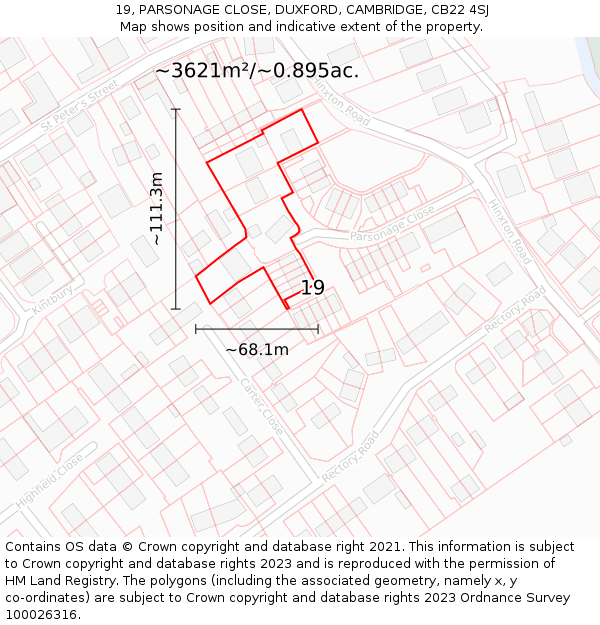 19, PARSONAGE CLOSE, DUXFORD, CAMBRIDGE, CB22 4SJ: Plot and title map