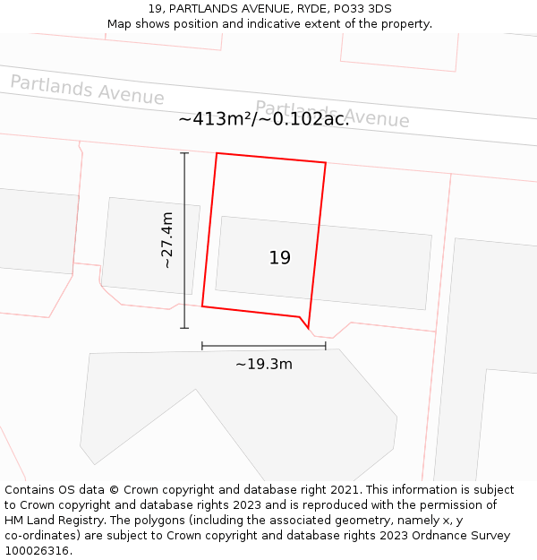 19, PARTLANDS AVENUE, RYDE, PO33 3DS: Plot and title map