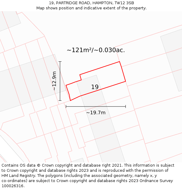 19, PARTRIDGE ROAD, HAMPTON, TW12 3SB: Plot and title map