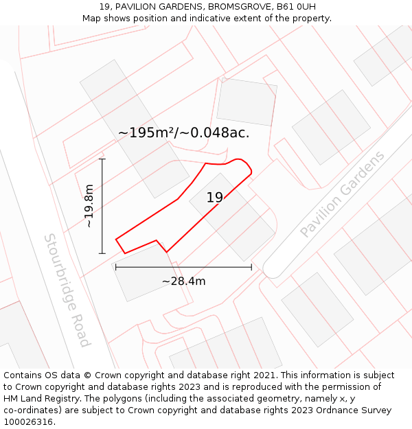 19, PAVILION GARDENS, BROMSGROVE, B61 0UH: Plot and title map