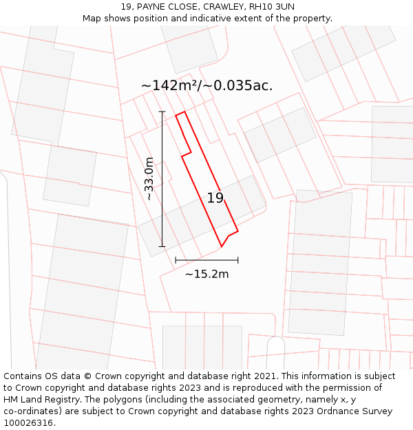 19, PAYNE CLOSE, CRAWLEY, RH10 3UN: Plot and title map