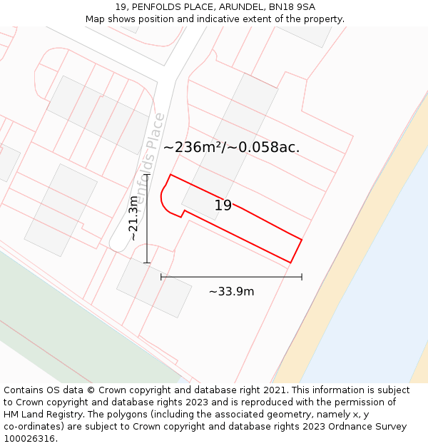 19, PENFOLDS PLACE, ARUNDEL, BN18 9SA: Plot and title map