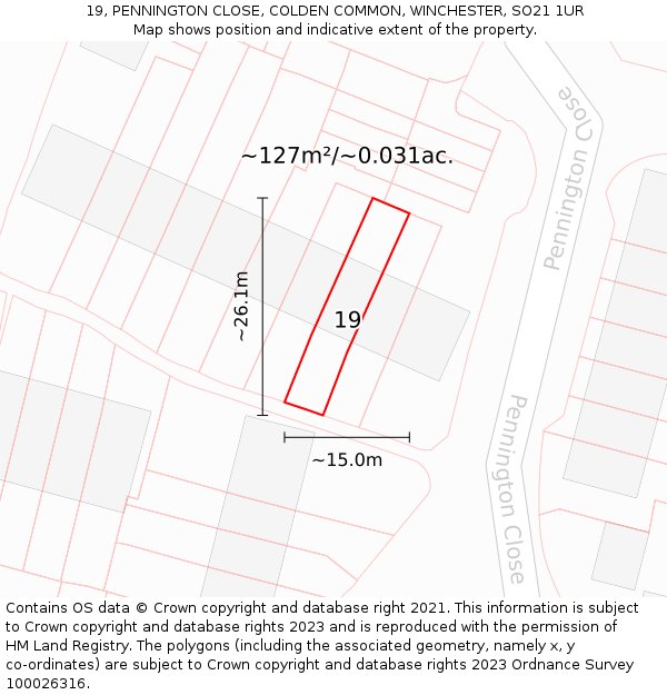 19, PENNINGTON CLOSE, COLDEN COMMON, WINCHESTER, SO21 1UR: Plot and title map