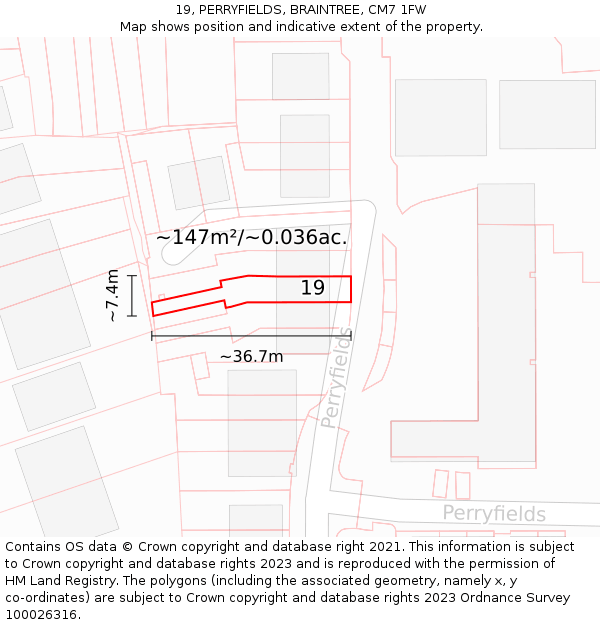 19, PERRYFIELDS, BRAINTREE, CM7 1FW: Plot and title map
